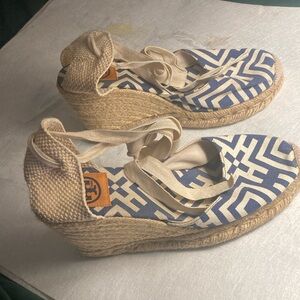 Tory Burch Blue and Tan Espadrille Wedges